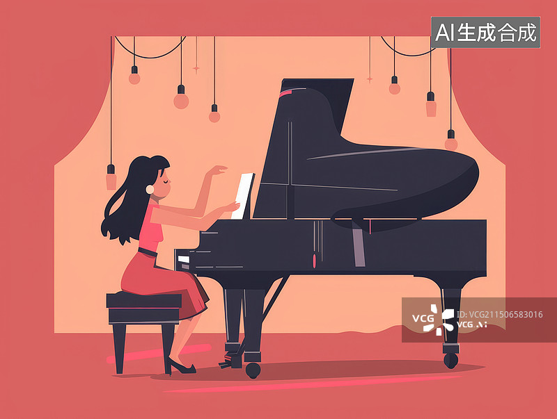 【AI数字艺术】女钢琴师在弹琴扁平风插画图片素材