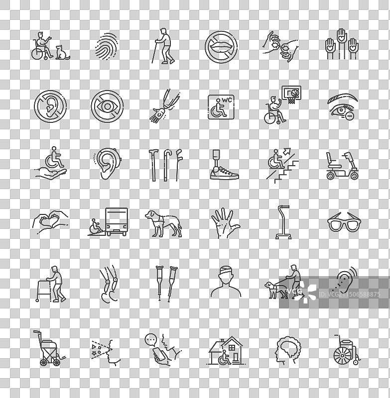 残疾人相关线性扁平图标集合图片素材