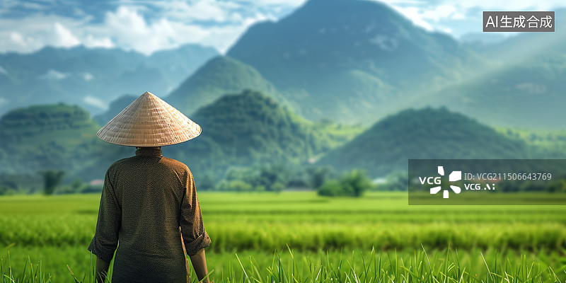 【AI数字艺术】站在农田里的女农民后视图图片素材