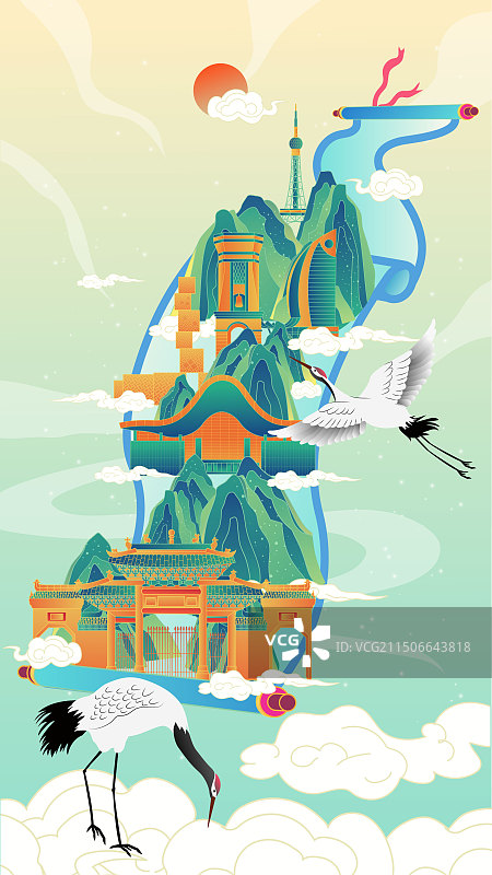 佛山卷轴山水画中国风城市复古打卡地标旅游建筑群图片素材