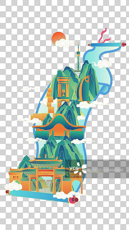 佛山卷轴山水画中国风城市复古打卡地标旅游建筑群图片素材