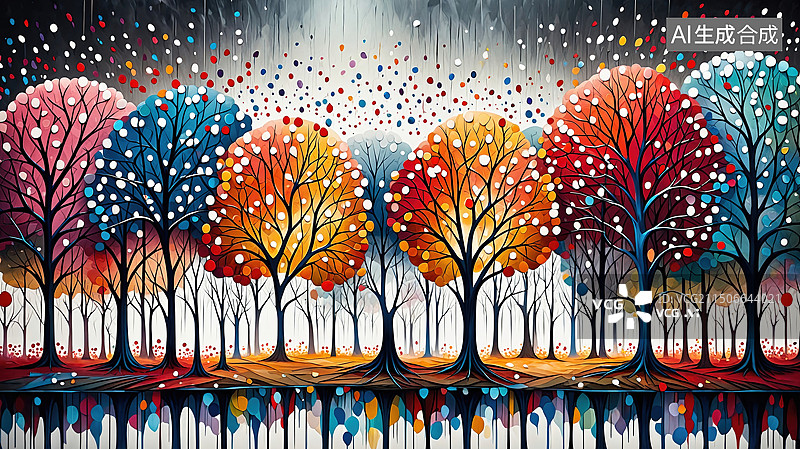 【AI数字艺术】秋日彩林：灰色背景下的斑斓树木图片素材