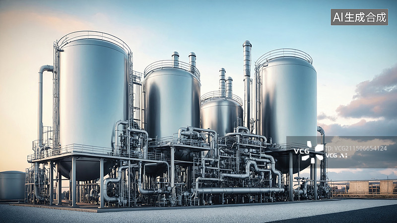 【AI数字艺术】现代化工业设施：不锈钢储罐与高效管道系统图片素材