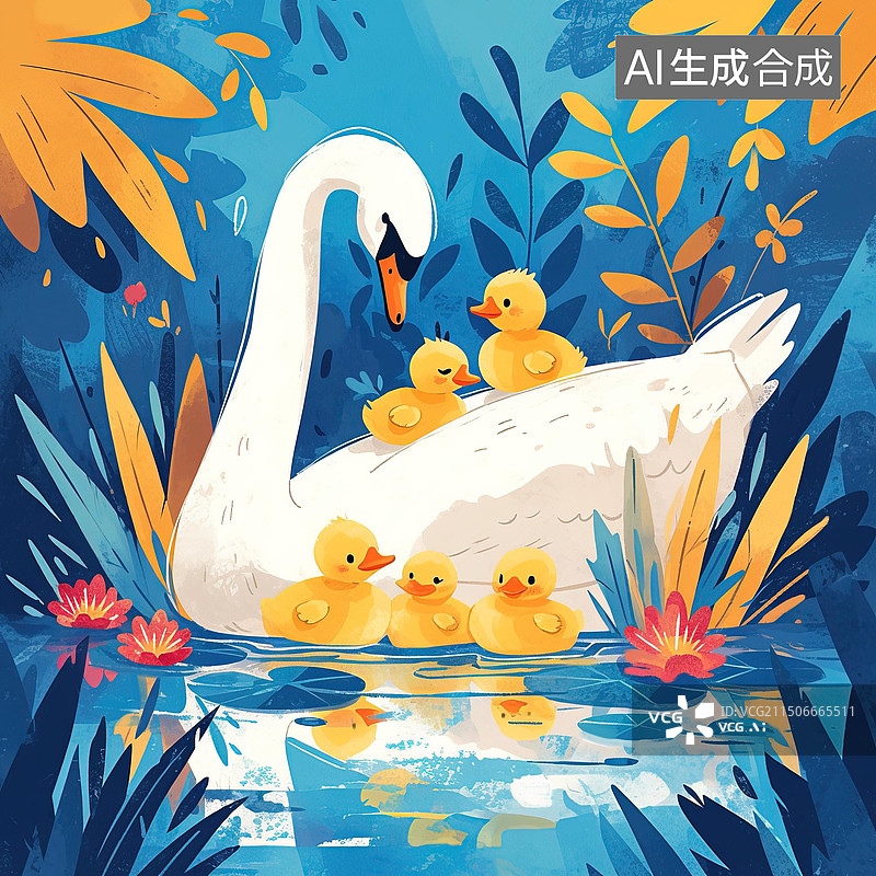 【AI数字艺术】一群小黄鸭与白天鹅的故事插画图片素材