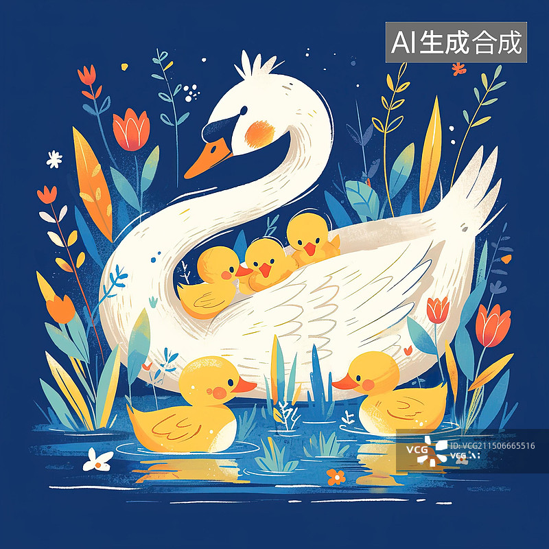 【AI数字艺术】一群小黄鸭与白天鹅的故事插画图片素材