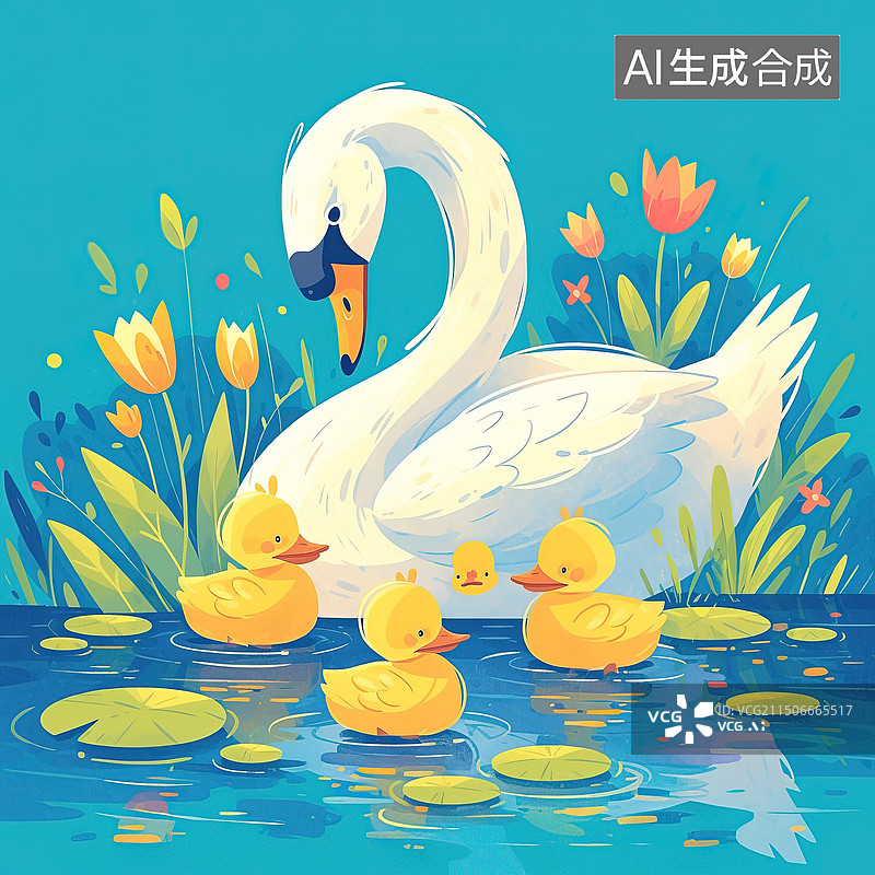 【AI数字艺术】一群小黄鸭与白天鹅的故事插画图片素材