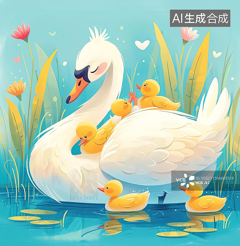 【AI数字艺术】一群小黄鸭与白天鹅的故事插画图片素材
