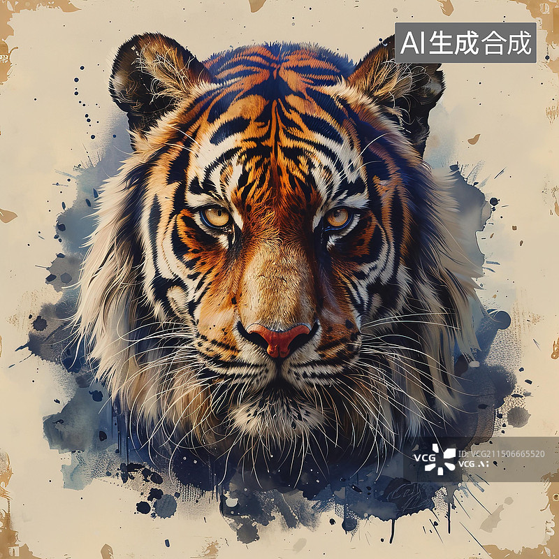 【AI数字艺术】写实水彩喷溅复古风格老虎头印花图案图片素材