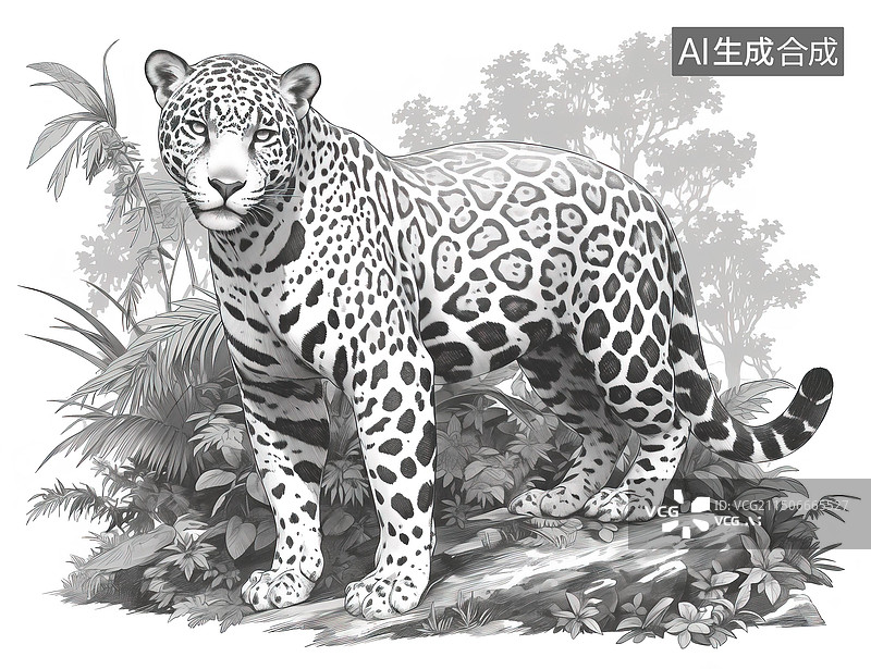【AI数字艺术】黑白豹花豹写实线描插画图片素材