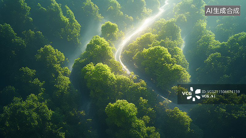 【AI数字艺术】郁郁葱葱的绿色森林鸟瞰图图片素材