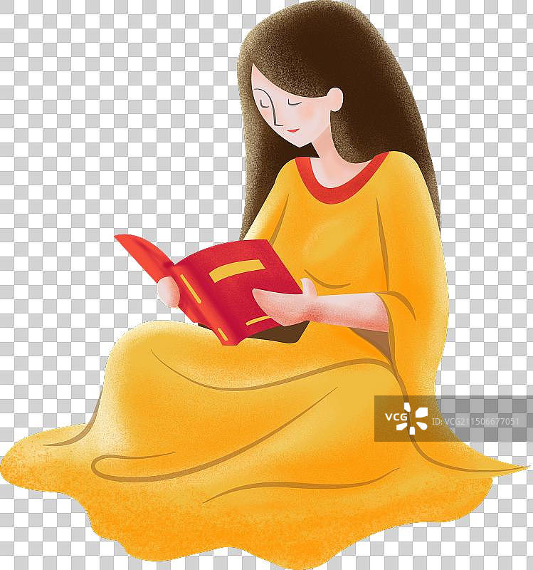 扁平风噪点肌理穿黄色衣服看书的长发女性图片素材