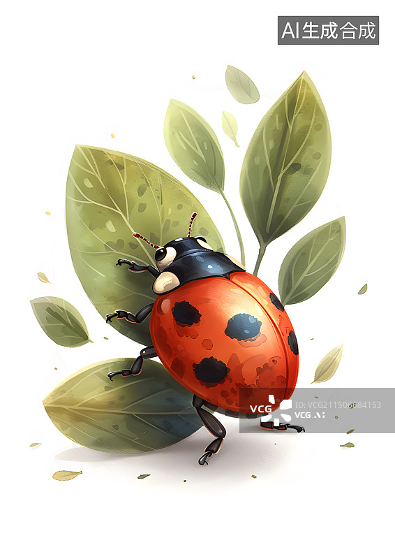【AI数字艺术】树叶上一只可爱的瓢虫插画图片素材