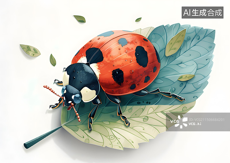 【AI数字艺术】树叶上一只可爱的瓢虫插画图片素材