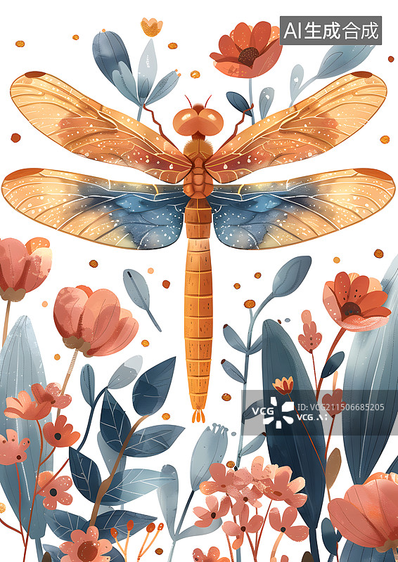 【AI数字艺术】花丛中一只小蜻蜓卡通插画图片素材