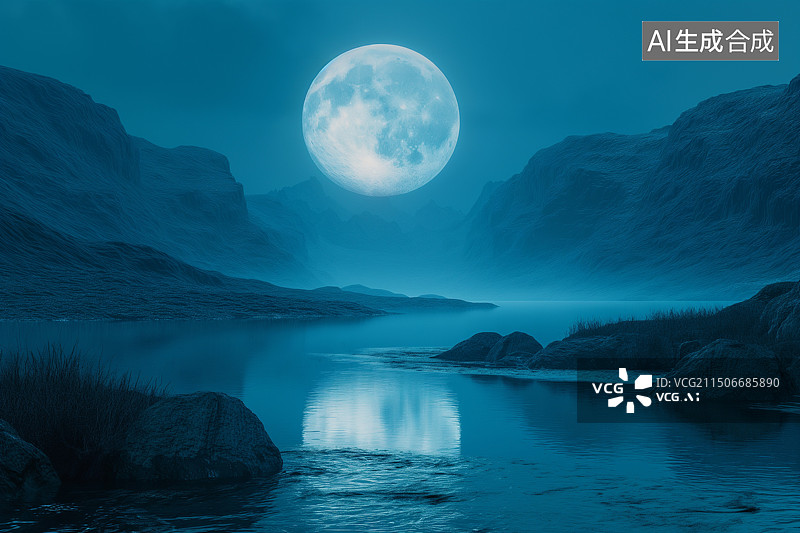 【AI数字艺术】远山天空中明亮的月亮图片素材