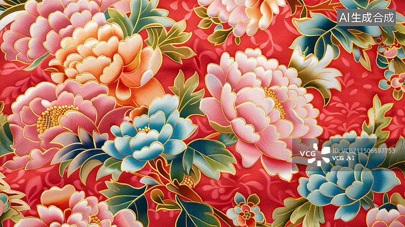 【AI数字艺术】国画牡丹中国传统国潮花卉刺绣插画图案背景图片素材
