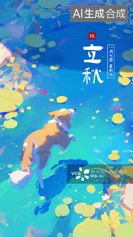 【AI数字艺术】秋天节气插画，小狗在水中游泳图片素材