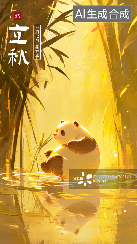 【AI数字艺术】二十四节气海报-秋日玩水的大熊猫图片素材
