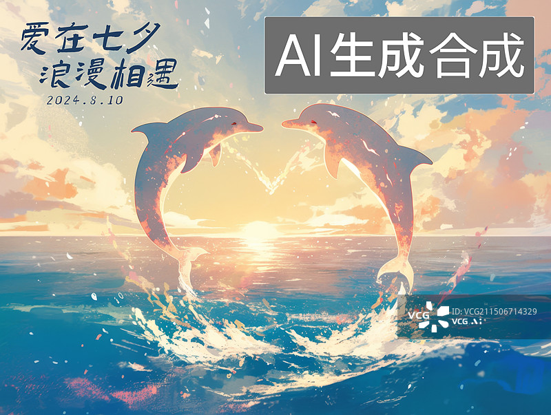【AI数字艺术】七夕情人节海报，海上两只爱心海豚图片素材