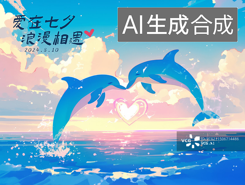 【AI数字艺术】七夕情人节海报，海上两只爱心海豚图片素材