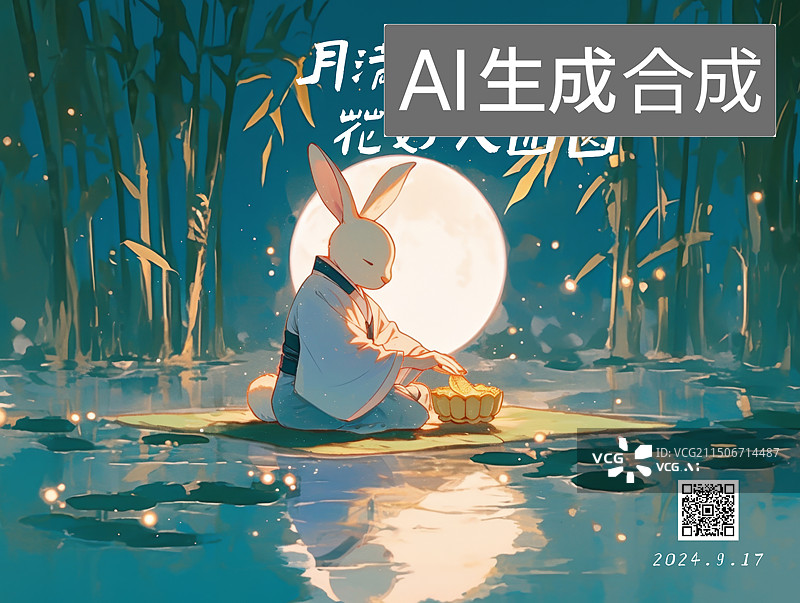 【AI数字艺术】中秋节玉兔捣药月饼满月海报图片素材