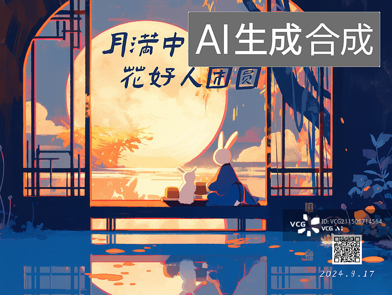 【AI数字艺术】中秋节玉兔捣药月饼满月海报图片素材