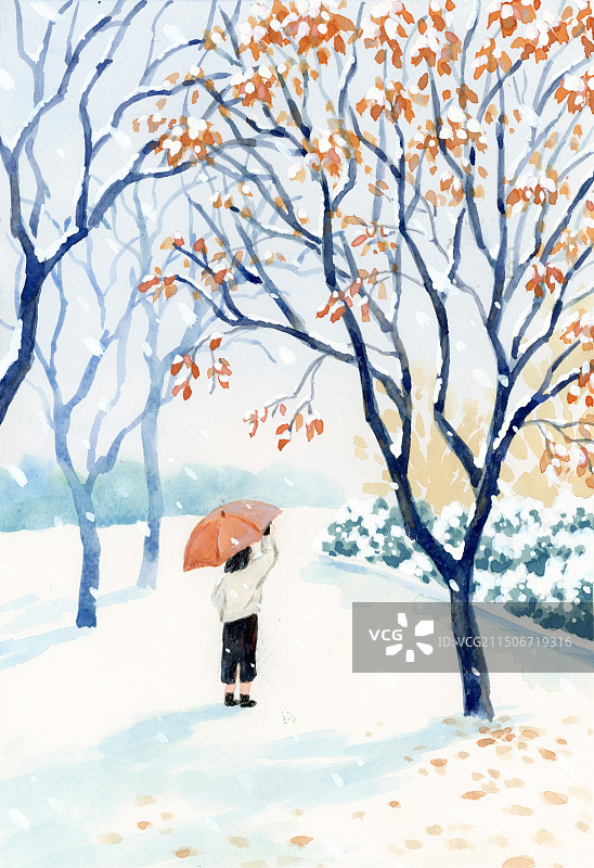 冬天在雪地拍照的女孩背影小雪大雪节气插画图片素材