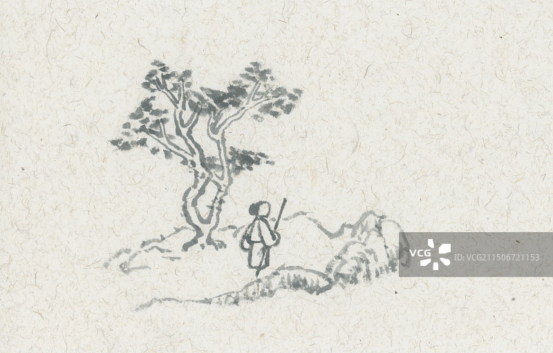 抬头望着松树枝的古代闲人田园风光诗词配图线稿图片素材