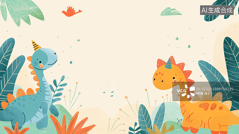 【AI数字艺术】恐龙插画野生动物可爱卡通儿童节海报背景图片素材