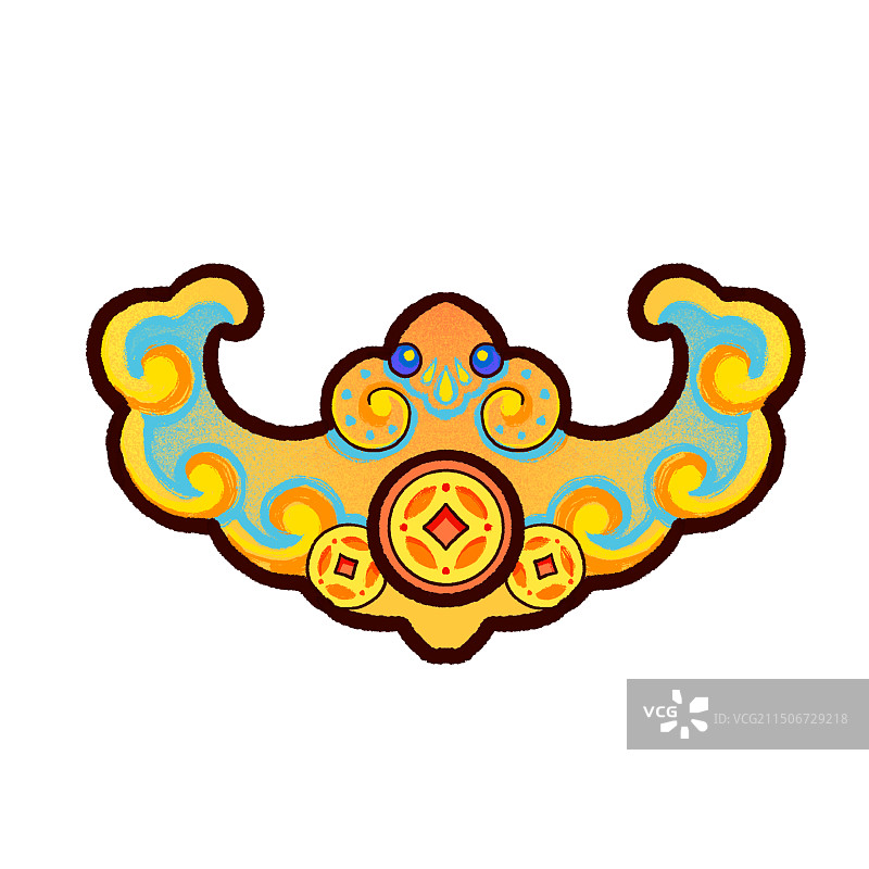 手绘铜钱蝙蝠插图图片素材