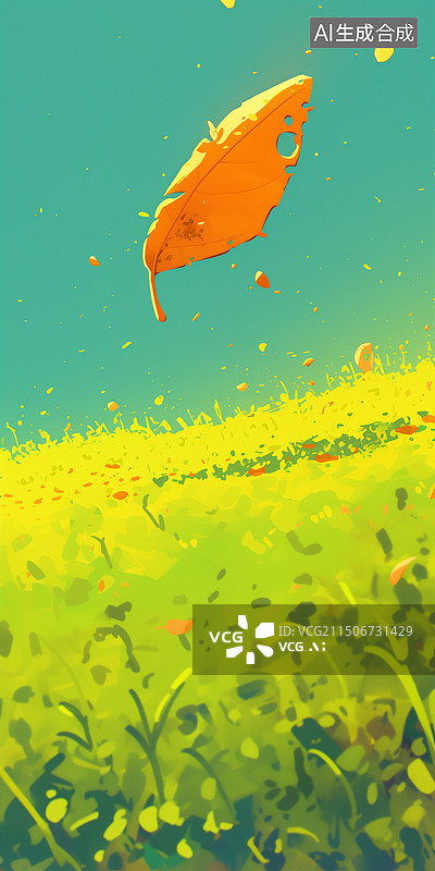 【AI数字艺术】白天晴朗绿色草地上空飘落的叶子插画绘画图片素材