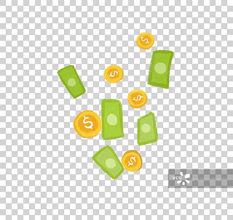 金色硬币绿色钞票理财钱堆降落卡通手绘元素图片素材