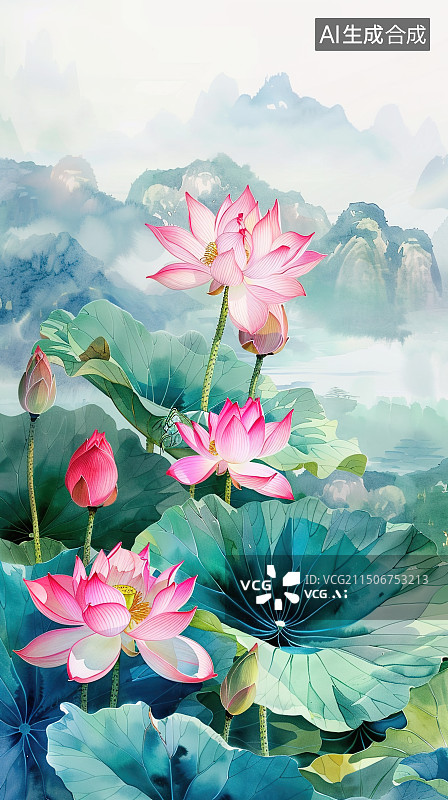 【AI数字艺术】写意荷花山水图图片素材