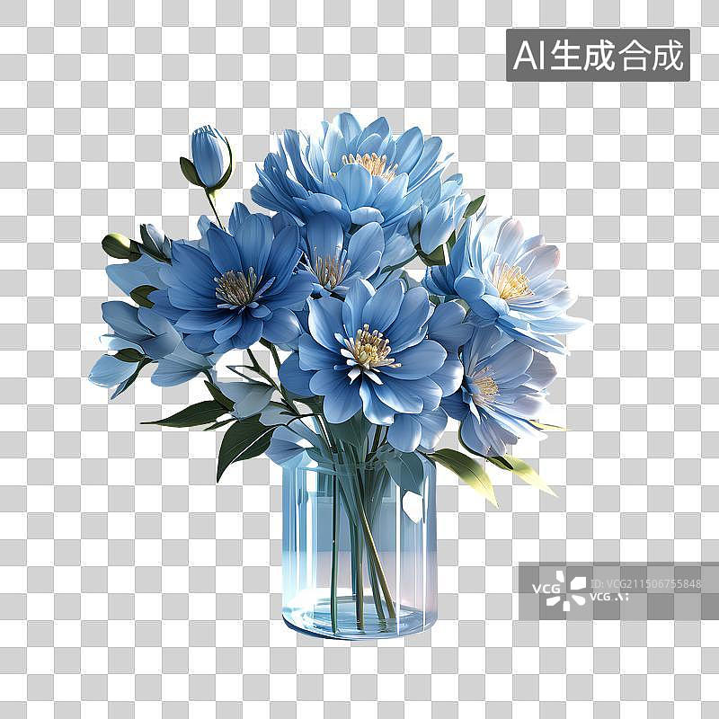 【AI数字艺术】插在玻璃花瓶里的蓝色花，花卉，植物，插花，免抠元素图片素材