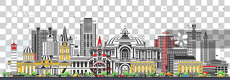 带有彩色建筑和蓝色的敖德萨城市天际线图片素材