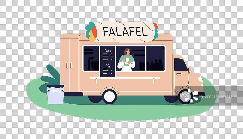 街头美食餐车：移动咖啡车出售炸豆丸图片素材