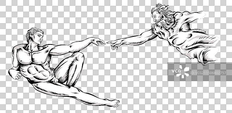 白色背景上手绘的《创造亚当》图片素材