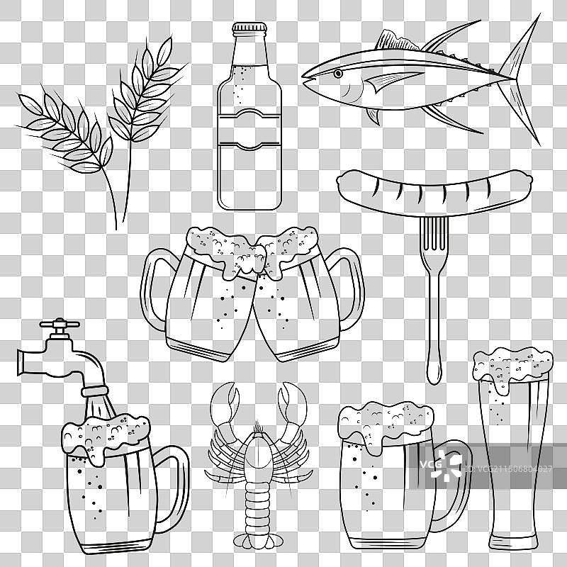 啤酒杯、啤酒瓶、小吃、小麦、鱼图片素材