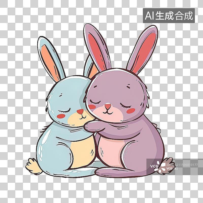 【AI数字艺术】两只相偎在一起的卡通兔子图片素材