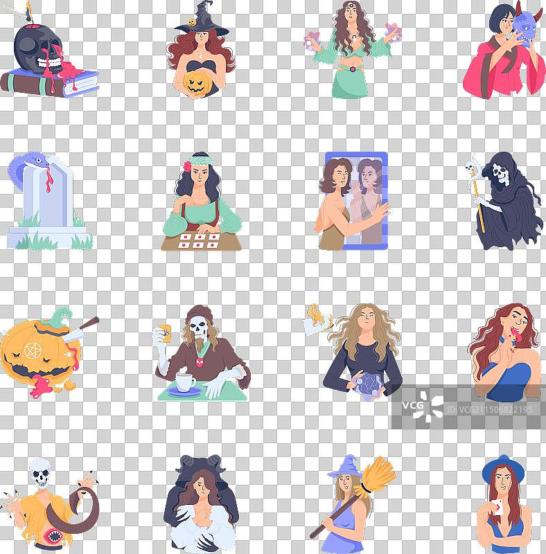 塔罗牌和黑魔法组合扁平风格图片素材