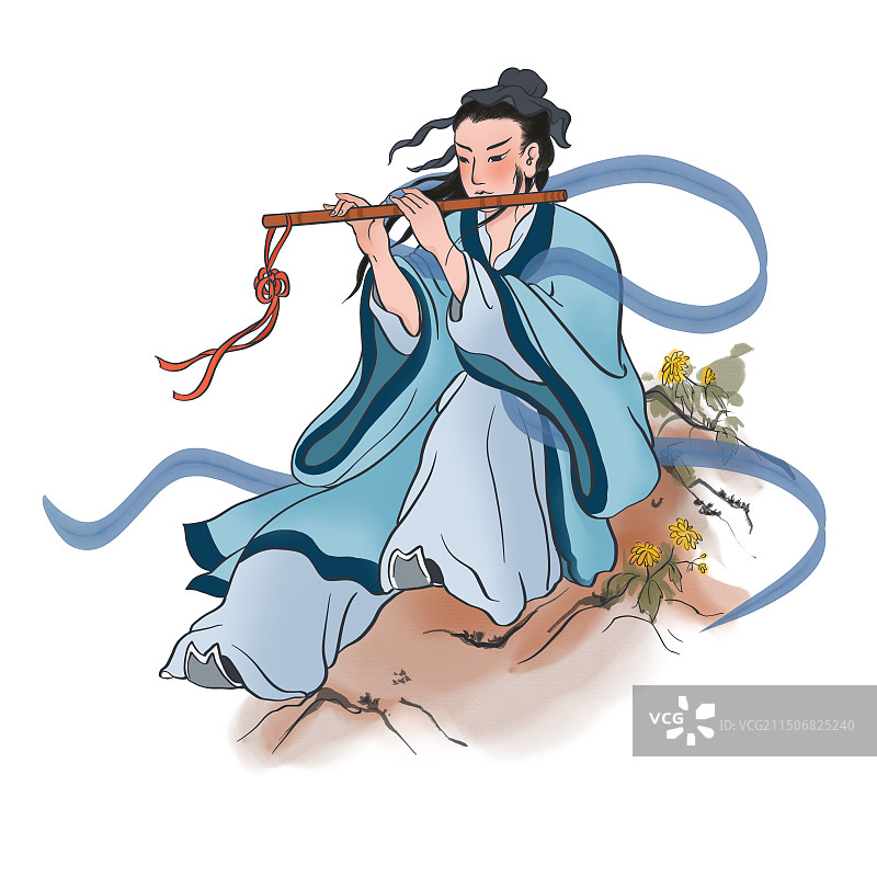 八仙过海神话故事人物手绘插画之韩湘子图片素材