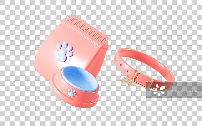 卡通宠物粮食和宠物项圈3D渲染图片素材