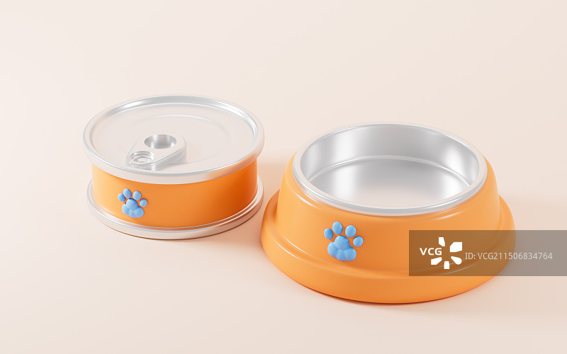 卡通宠物罐头和宠物碗3D渲染图片素材
