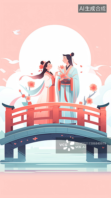 【AI数字艺术】中国传统节日七夕节牛郎织女古风情侣插画图片素材