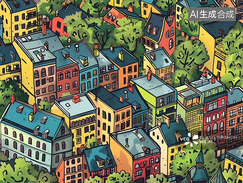 【AI数字艺术】航拍视角城市插画图片素材