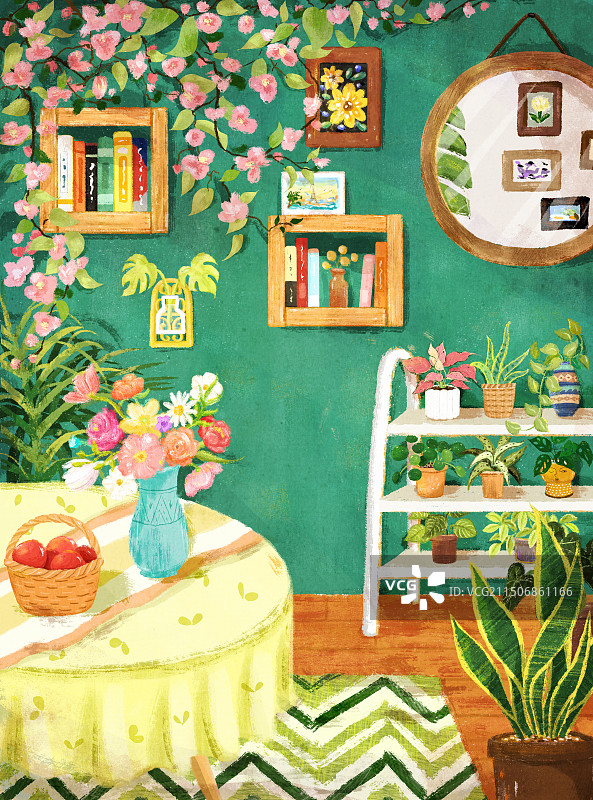 室内鲜花绿植温馨的房间插画图片素材
