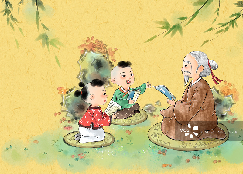 水墨风儿童插画国学经典-劝学图片素材