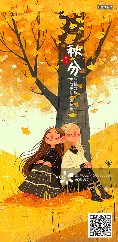【AI数字艺术】秋分节气秋天两个女孩坐在大树下浪漫唯美插画图片素材