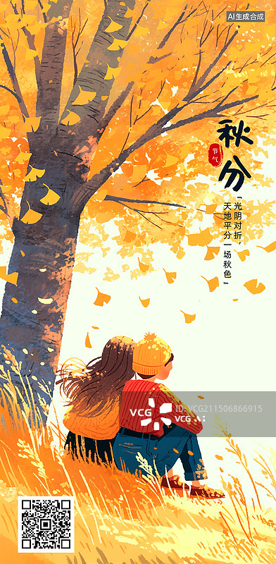 【AI数字艺术】秋分节气秋天两个女孩坐在大树下浪漫唯美插画图片素材