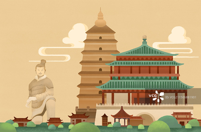 西安地标大雁塔鼓楼兵马俑之历史名城古都长安图片素材